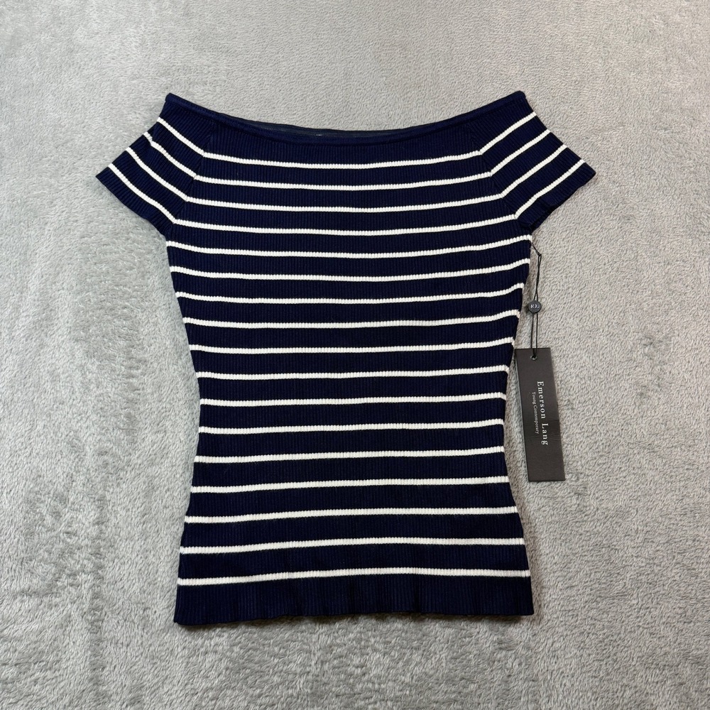 Emerson Lang Ribbed Knit Top‎ Women Medium Navy Blue Striped Off Shoulder NWT
